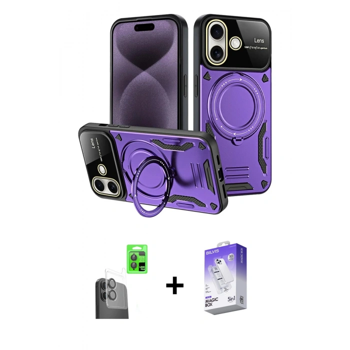 MARSİLYAN™- iPhone 16 Kılıf Kıvılcım Modern Serisi - Siyah Bilvis 5in1 3D Magic Cam Ekran Koruyucu + Siyah Raze Metal Kamera Lens