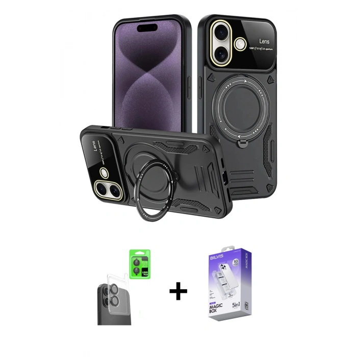 MARSİLYAN™- iPhone 16 Kılıf Kıvılcım Modern Serisi - Siyah Bilvis 5in1 3D Magic Cam Ekran Koruyucu + Siyah Raze Metal Kamera Lens