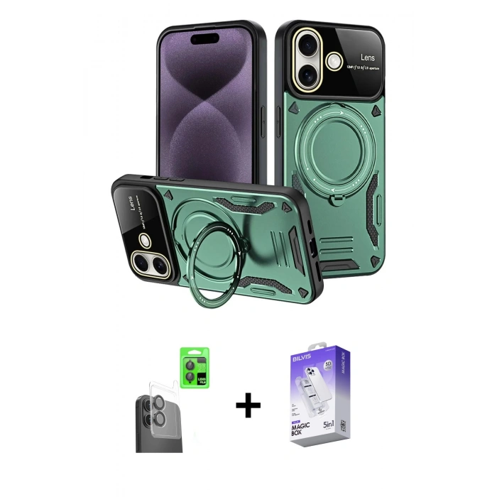 MARSİLYAN™- iPhone 16 Kılıf Kıvılcım Modern Serisi - Siyah Bilvis 5in1 3D Magic Cam Ekran Koruyucu + Siyah Raze Metal Kamera Lens