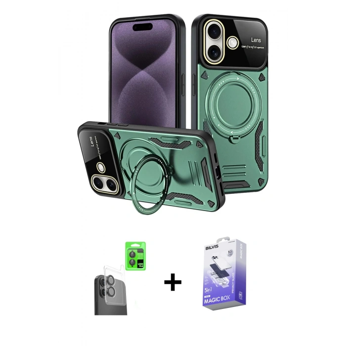 MARSİLYAN™- iPhone 16 Kılıf Kıvılcım Modern Serisi - Siyah Bilvis 5in1 5D Magic Hayalet Cam Ekran Koruyucu + Raze Metal Kamera Lens - SH
