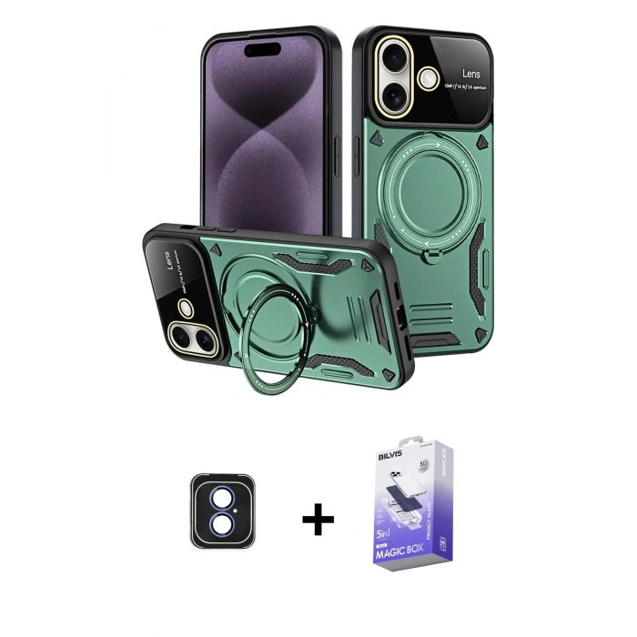 MARSİLYAN™- iPhone 16 Kılıf Kıvılcım Modern Serisi - Siyah Bilvis 5in1 5D Magic Hayalet Cam Ekran Koruyucu + PVD Metal Kamera Lens - MI