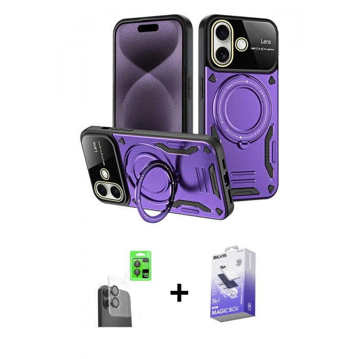 MARSİLYAN™- iPhone 16 Kılıf Kıvılcım Modern Serisi - Siyah Bilvis 5in1 5D Magic Hayalet Cam Ekran Koruyucu + Raze Metal Kamera Lens - SH