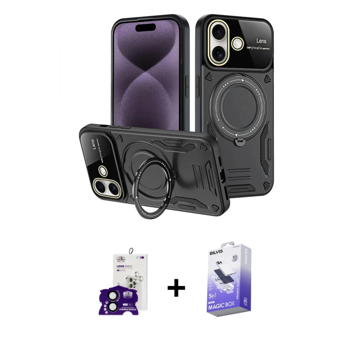 MARSİLYAN™- iPhone 16 Kılıf Kıvılcım Modern Serisi - Siyah Bilvis 5in1 5D Magic Hayalet Cam Ekran Koruyucu + Bilvis Titan Kamera Lens - SH