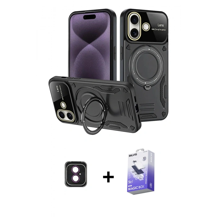 MARSİLYAN™- iPhone 16 Kılıf Kıvılcım Modern Serisi - Siyah Bilvis 5in1 5D Magic Hayalet Cam Ekran Koruyucu + PVD Metal Kamera Lens - PE