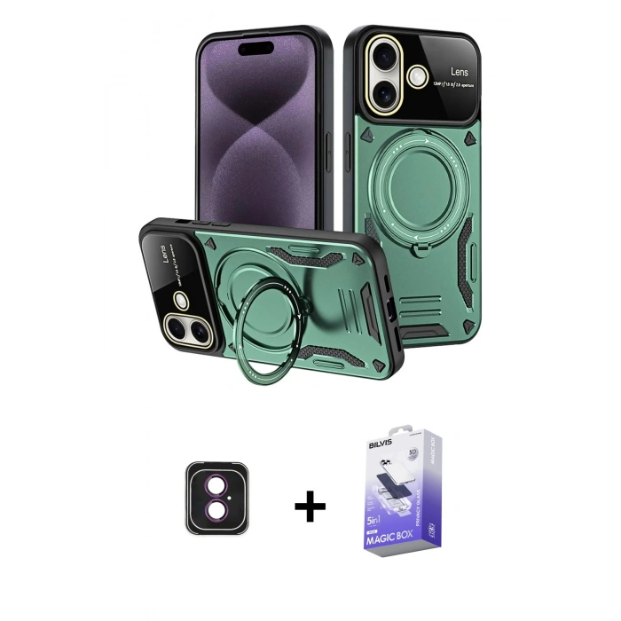 MARSİLYAN™- iPhone 16 Kılıf Kıvılcım Modern Serisi - Siyah Bilvis 5in1 5D Magic Hayalet Cam Ekran Koruyucu + PVD Metal Kamera Lens - PE