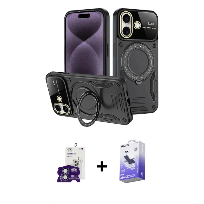 MARSİLYAN™- iPhone 16 Kılıf Kıvılcım Modern Serisi - Siyah Bilvis 5in1 5D Magic Hayalet Cam Ekran Koruyucu + Bilvis Titan Kamera Lens - YL