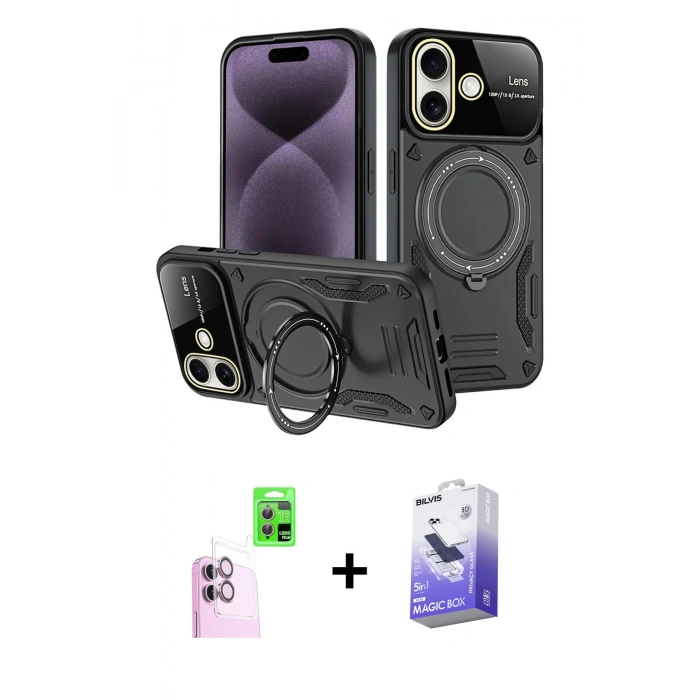 MARSİLYAN™- iPhone 16 Kılıf Kıvılcım Modern Serisi - Siyah Bilvis 5in1 5D Magic Hayalet Cam Ekran Koruyucu + Pembe Raze Metal Kamera Lens