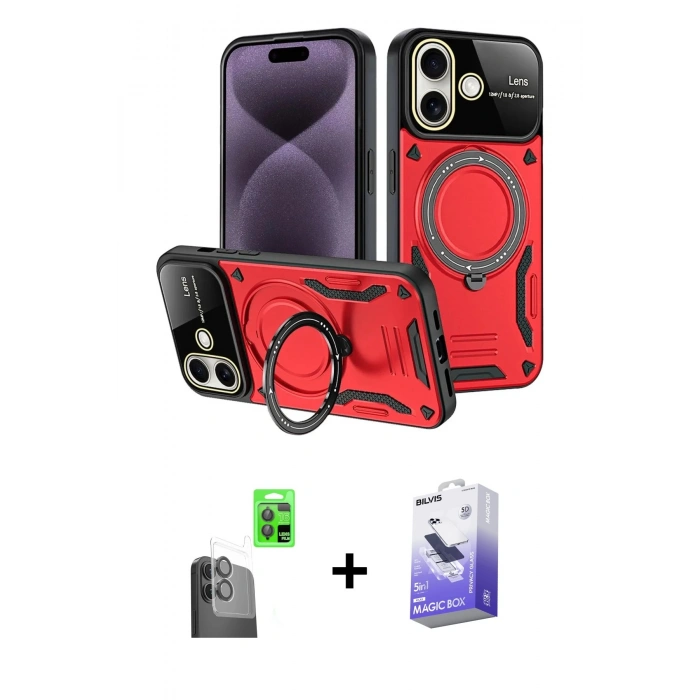 MARSİLYAN™- iPhone 16 Kılıf Kıvılcım Modern Serisi - Siyah Bilvis 5in1 5D Magic Hayalet Cam Ekran Koruyucu + Raze Metal Kamera Lens - SH