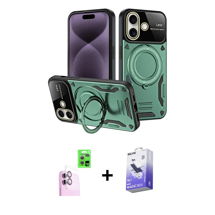MARSİLYAN™- iPhone 16 Kılıf Kıvılcım Modern Serisi - Siyah Bilvis 5in1 5D Magic Hayalet Cam Ekran Koruyucu + Pembe Raze Metal Kamera Lens