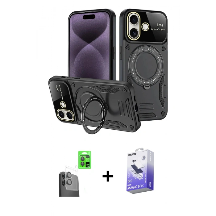 MARSİLYAN™- iPhone 16 Kılıf Kıvılcım Modern Serisi - Siyah Bilvis 5in1 5D Magic Hayalet Cam Ekran Koruyucu + Raze Metal Kamera Lens - SH