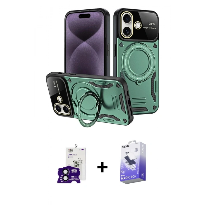 MARSİLYAN™- iPhone 16 Kılıf Kıvılcım Modern Serisi - Siyah Bilvis 5in1 5D Magic Hayalet Cam Ekran Koruyucu + Bilvis Titan Kamera Lens - SH