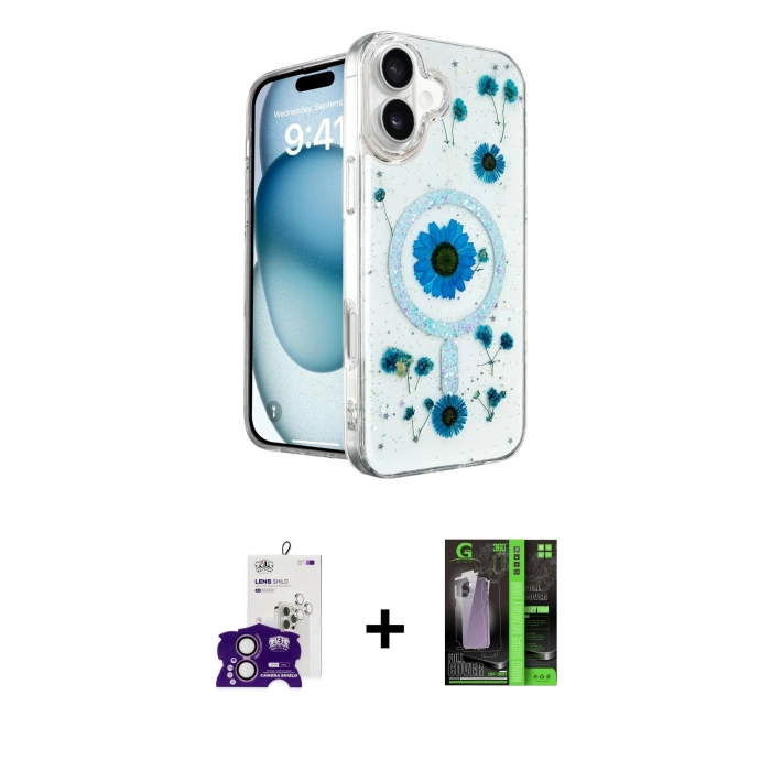 MARSİLYAN™- iPhone 16 Kılıf Kozmos Doku - Şeffaf 360 Full Body Arka Koruyucu + Bilvis Titan Kamera Lens - PE