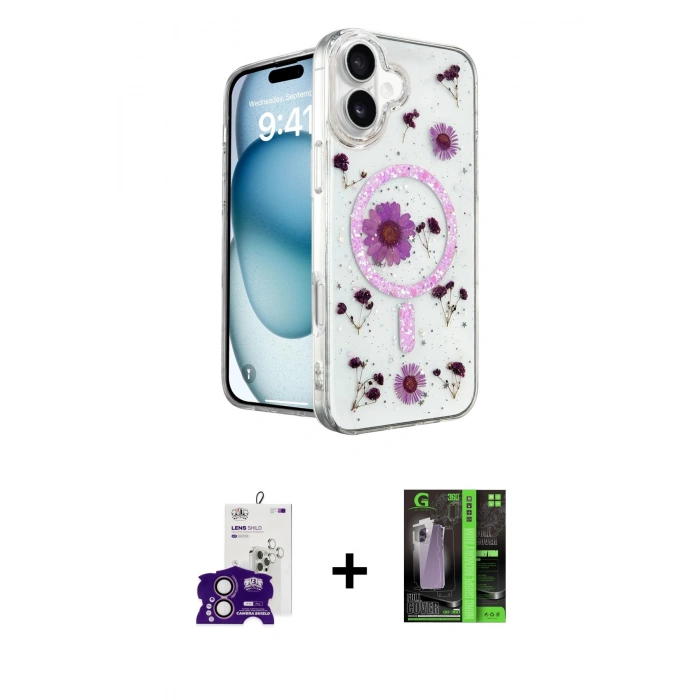 MARSİLYAN™- iPhone 16 Kılıf Kozmos Doku - Şeffaf 360 Full Body Arka Koruyucu + Bilvis Titan Kamera Lens - PE