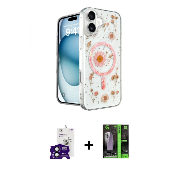 MARSİLYAN™- iPhone 16 Kılıf Kozmos Doku - Şeffaf 360 Full Body Arka Koruyucu + Bilvis Titan Kamera Lens - SH