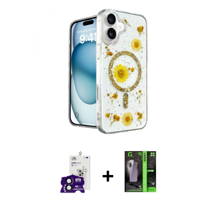 MARSİLYAN™- iPhone 16 Kılıf Kozmos Doku - Şeffaf 360 Full Body Arka Koruyucu + Bilvis Titan Kamera Lens - SH