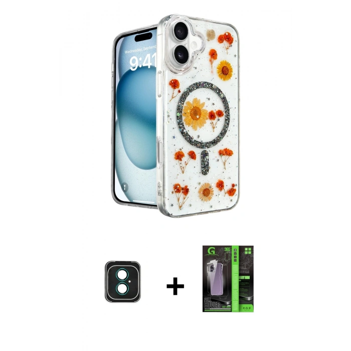 MARSİLYAN™- iPhone 16 Kılıf Kozmos Doku - Şeffaf 360 Full Body Arka Koruyucu + PVD Metal Kamera Lens - YL