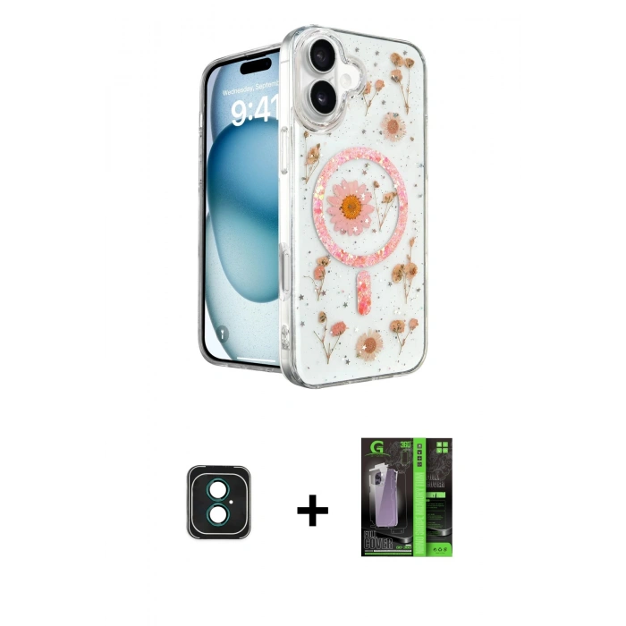 MARSİLYAN™- iPhone 16 Kılıf Kozmos Doku - Şeffaf 360 Full Body Arka Koruyucu + PVD Metal Kamera Lens - YL