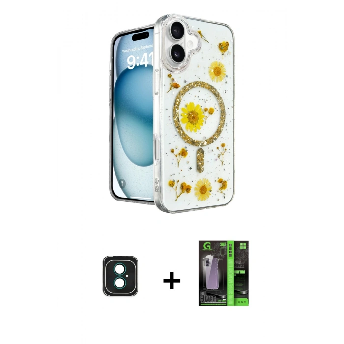 MARSİLYAN™- iPhone 16 Kılıf Kozmos Doku - Şeffaf 360 Full Body Arka Koruyucu + PVD Metal Kamera Lens - YL