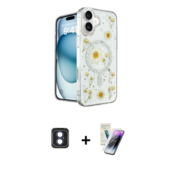 MARSİLYAN™- iPhone 16 Kılıf Kozmos Doku - Şeffaf Pasifik Cam Ekran Koruyucu + PVD Metal Kamera Lens - MI