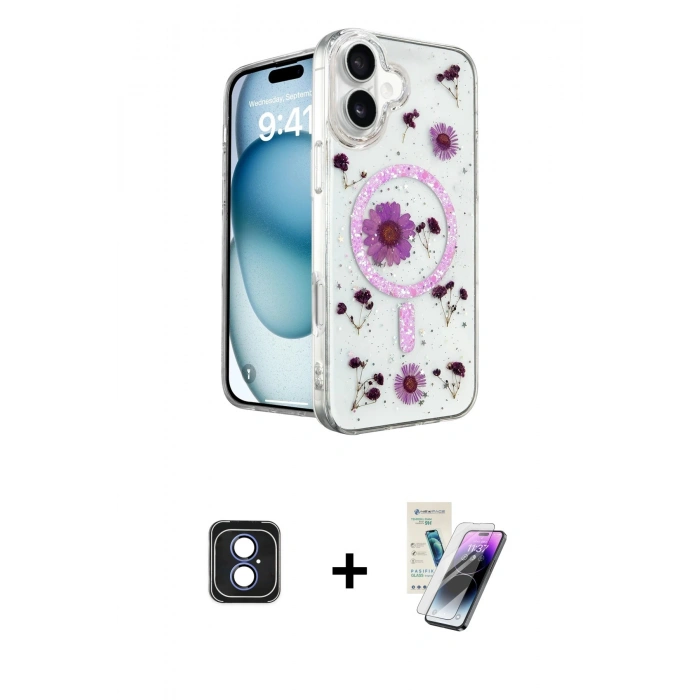 MARSİLYAN™- iPhone 16 Kılıf Kozmos Doku - Şeffaf Pasifik Cam Ekran Koruyucu + PVD Metal Kamera Lens - MI