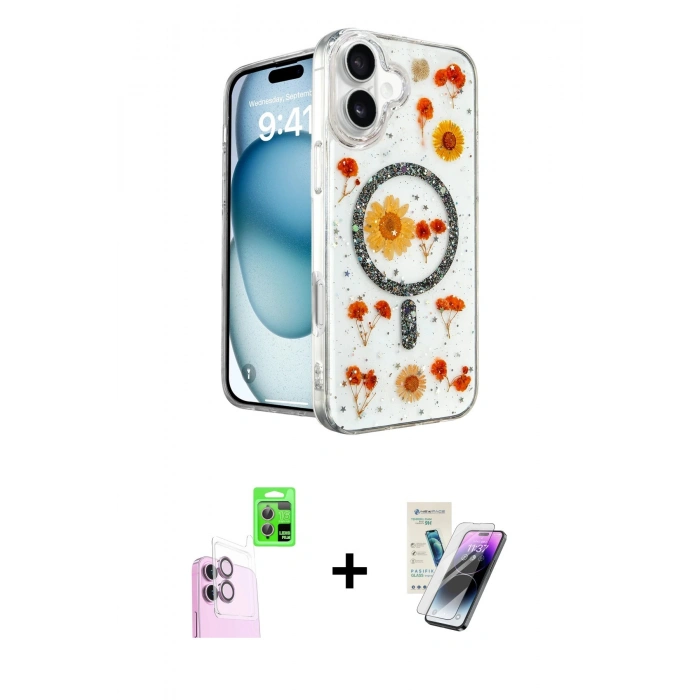 MARSİLYAN™- iPhone 16 Kılıf Kozmos Doku - Şeffaf Pasifik Cam Ekran Koruyucu + Raze Metal Kamera Lens - PE