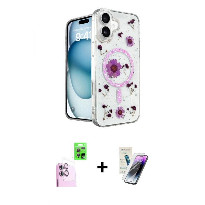 MARSİLYAN™- iPhone 16 Kılıf Kozmos Doku - Şeffaf Pasifik Cam Ekran Koruyucu + Raze Metal Kamera Lens - PE