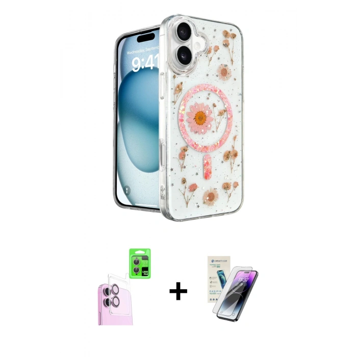 MARSİLYAN™- iPhone 16 Kılıf Kozmos Doku - Şeffaf Pasifik Cam Ekran Koruyucu + Raze Metal Kamera Lens - PE