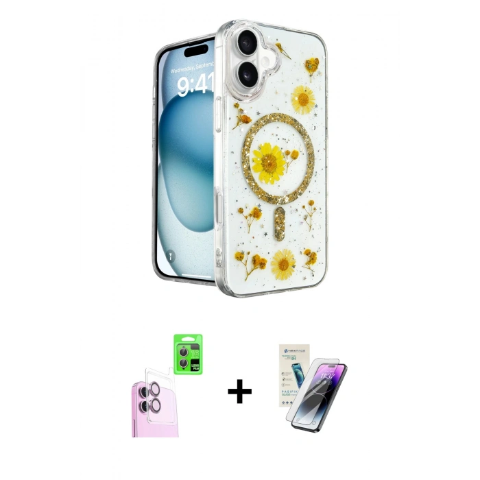 MARSİLYAN™- iPhone 16 Kılıf Kozmos Doku - Şeffaf Pasifik Cam Ekran Koruyucu + Raze Metal Kamera Lens - PE