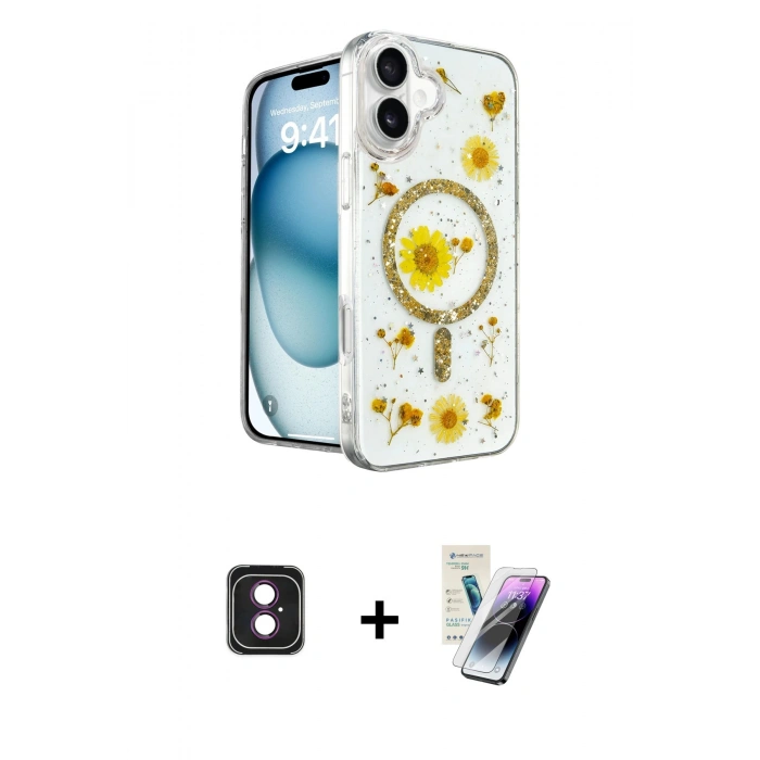 MARSİLYAN™- iPhone 16 Kılıf Kozmos Doku - Şeffaf Pasifik Cam Ekran Koruyucu + PVD Metal Kamera Lens - PE