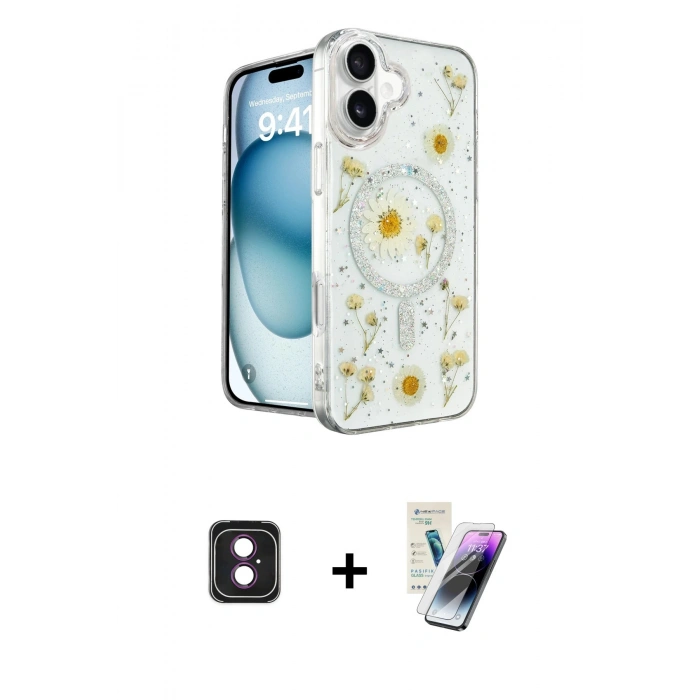 MARSİLYAN™- iPhone 16 Kılıf Kozmos Doku - Şeffaf Pasifik Cam Ekran Koruyucu + PVD Metal Kamera Lens - PE
