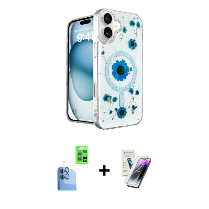 MARSİLYAN™- iPhone 16 Kılıf Kozmos Doku - Şeffaf Pasifik Cam Ekran Koruyucu + Raze Metal Kamera Lens - LT