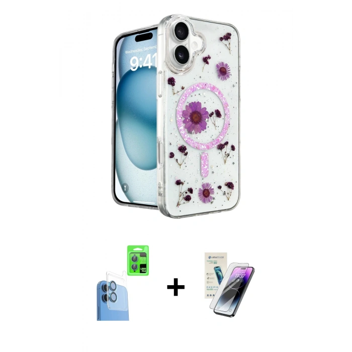 MARSİLYAN™- iPhone 16 Kılıf Kozmos Doku - Şeffaf Pasifik Cam Ekran Koruyucu + Raze Metal Kamera Lens - LT