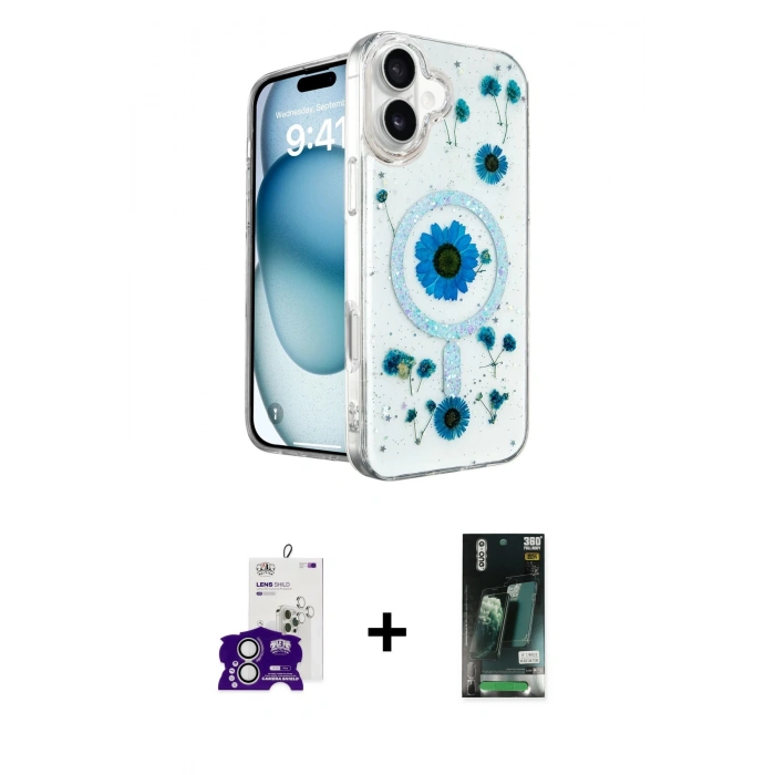 MARSİLYAN™- iPhone 16 Kılıf Kozmos Doku - Siyah 360 Mat Full Body Arka Koruyucu + Bilvis Titan Kamera Lens - GS