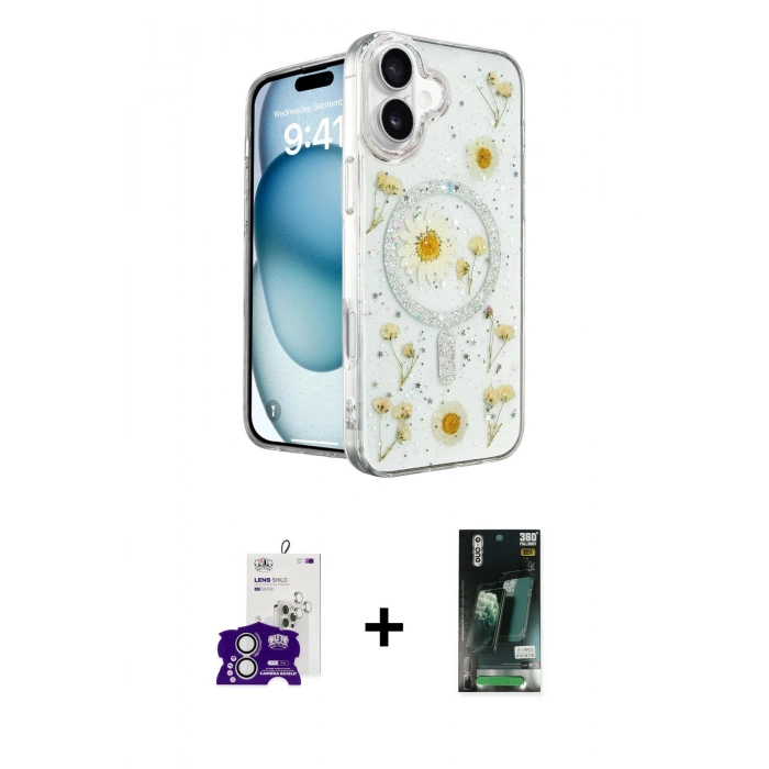 MARSİLYAN™- iPhone 16 Kılıf Kozmos Doku - Siyah 360 Mat Full Body Arka Koruyucu + Bilvis Titan Kamera Lens - GS
