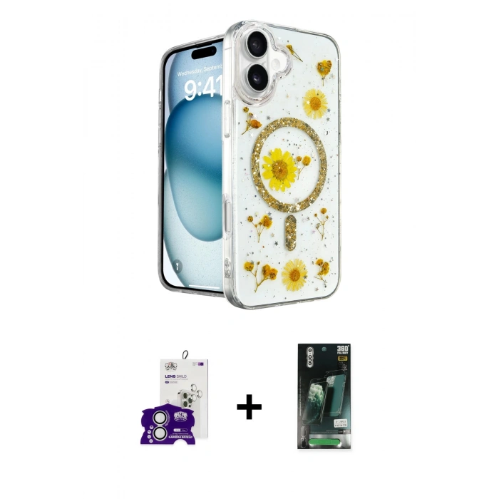 MARSİLYAN™- iPhone 16 Kılıf Kozmos Doku - Siyah 360 Mat Full Body Arka Koruyucu + Bilvis Titan Kamera Lens - GS