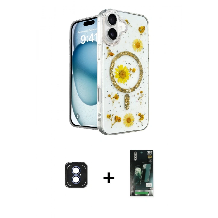 MARSİLYAN™- iPhone 16 Kılıf Kozmos Doku - Siyah 360 Mat Full Body Arka Koruyucu + PVD Metal Kamera Lens - MI