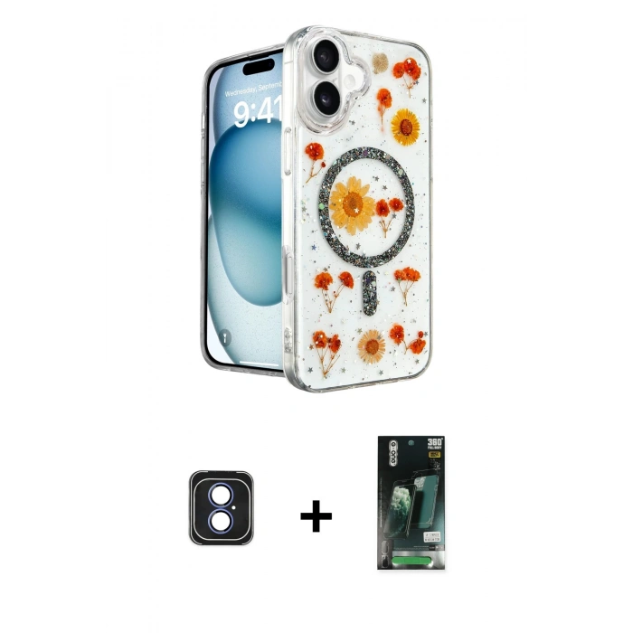 MARSİLYAN™- iPhone 16 Kılıf Kozmos Doku - Siyah 360 Mat Full Body Arka Koruyucu + PVD Metal Kamera Lens - MI