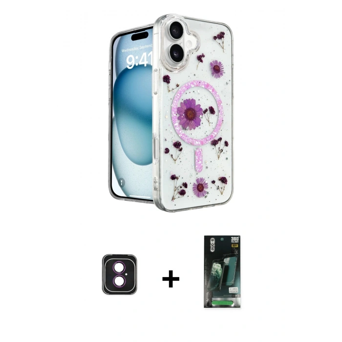 MARSİLYAN™- iPhone 16 Kılıf Kozmos Doku - Siyah 360 Mat Full Body Arka Koruyucu + PVD Metal Kamera Lens - PE