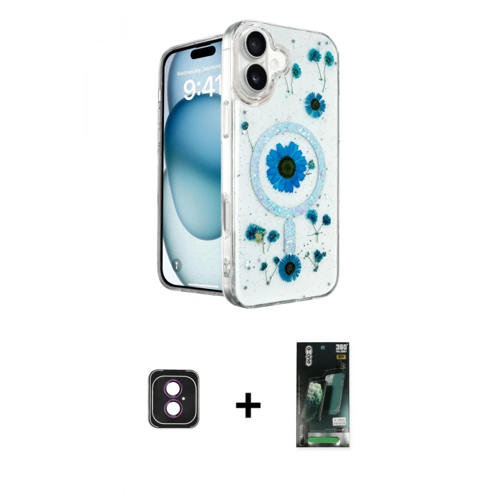 MARSİLYAN™- iPhone 16 Kılıf Kozmos Doku - Siyah 360 Mat Full Body Arka Koruyucu + PVD Metal Kamera Lens - PE