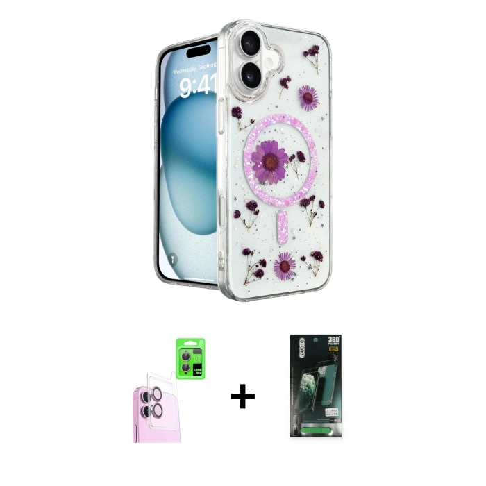 MARSİLYAN™- iPhone 16 Kılıf Kozmos Doku - Siyah 360 Mat Full Body Arka Koruyucu + Raze Metal Kamera Lens - PE