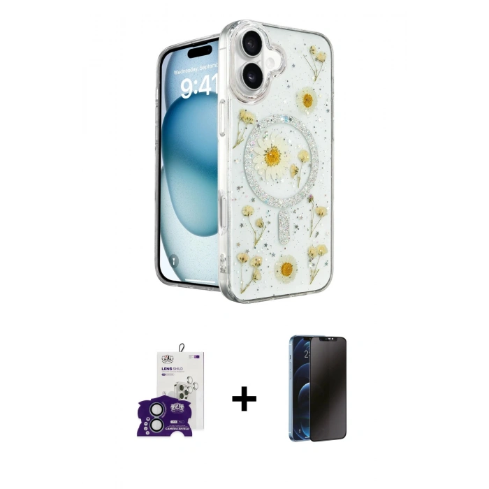 MARSİLYAN™- iPhone 16 Kılıf Kozmos Doku - Siyah 3D Antistatik Hayalet Cam Ekran Koruyucu + Bilvis Titan Kamera Lens - YL