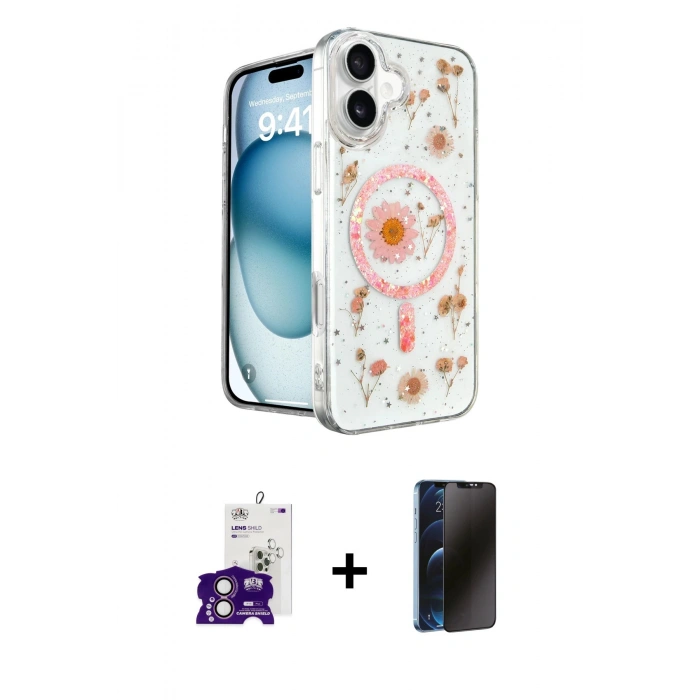 MARSİLYAN™- iPhone 16 Kılıf Kozmos Doku - Siyah 3D Antistatik Hayalet Cam Ekran Koruyucu + Bilvis Titan Kamera Lens - PE