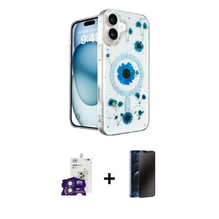 MARSİLYAN™- iPhone 16 Kılıf Kozmos Doku - Siyah 3D Antistatik Hayalet Cam Ekran Koruyucu + Bilvis Titan Kamera Lens - YL