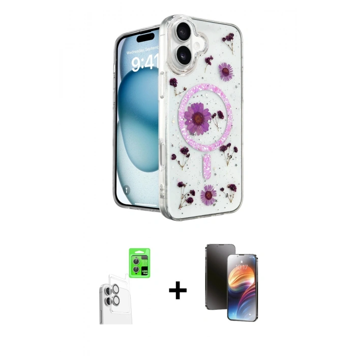MARSİLYAN™- iPhone 16 Kılıf Kozmos Doku - Siyah 3D Antistatik Mat Seramik Nano Ekran Koruyucu + Raze Metal Kamera Lens - BZ