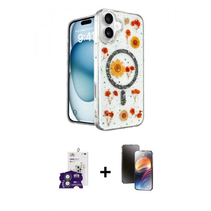 MARSİLYAN™- iPhone 16 Kılıf Kozmos Doku - Siyah 3D Antistatik Mat Seramik Nano Ekran Koruyucu + Bilvis Titan Kamera Lens - YL
