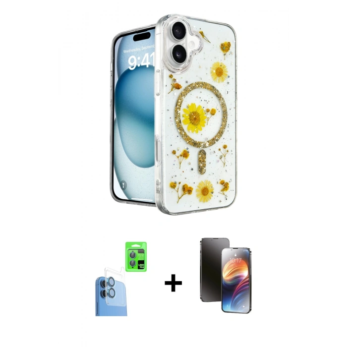 MARSİLYAN™- iPhone 16 Kılıf Kozmos Doku - Siyah 3D Antistatik Mat Seramik Nano Ekran Koruyucu + Raze Metal Kamera Lens - LT