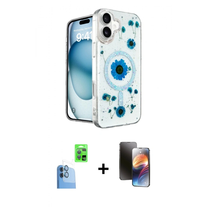 MARSİLYAN™- iPhone 16 Kılıf Kozmos Doku - Siyah 3D Antistatik Mat Seramik Nano Ekran Koruyucu + Raze Metal Kamera Lens - LT
