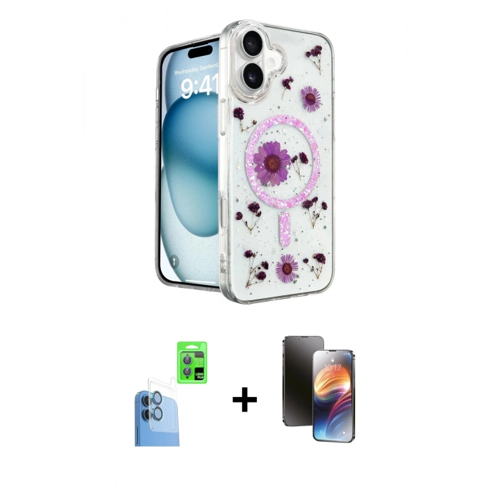 MARSİLYAN™- iPhone 16 Kılıf Kozmos Doku - Siyah 3D Antistatik Mat Seramik Nano Ekran Koruyucu + Raze Metal Kamera Lens - LT