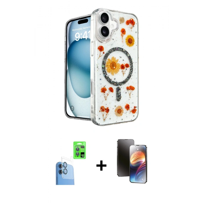 MARSİLYAN™- iPhone 16 Kılıf Kozmos Doku - Siyah 3D Antistatik Mat Seramik Nano Ekran Koruyucu + Raze Metal Kamera Lens - LT