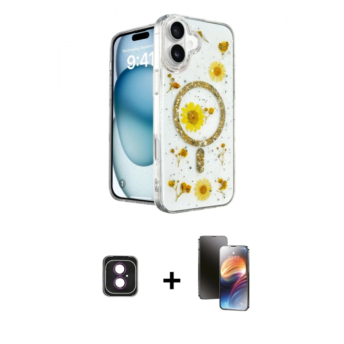 MARSİLYAN™- iPhone 16 Kılıf Kozmos Doku - Siyah 3D Antistatik Mat Seramik Nano Ekran Koruyucu + PVD Metal Kamera Lens - PE